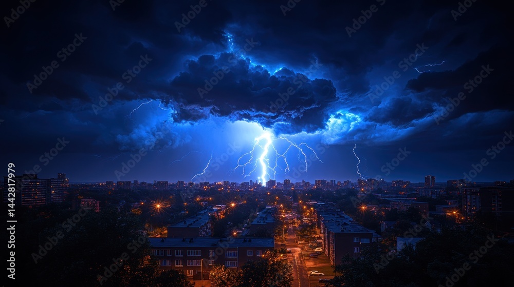 Fototapeta premium Dramatic lightning strike over a city at night.