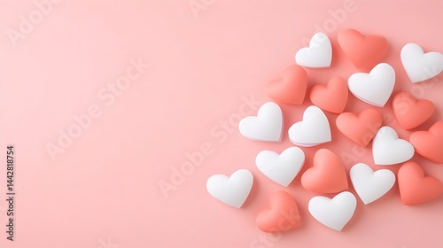 Pastel pink background with scattered coral and white hearts