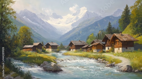 Mountain hamlet nestled by rushing river