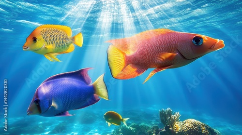 Vibrant Colorful Fish Swimming Underwater in Clear Blue Ocean