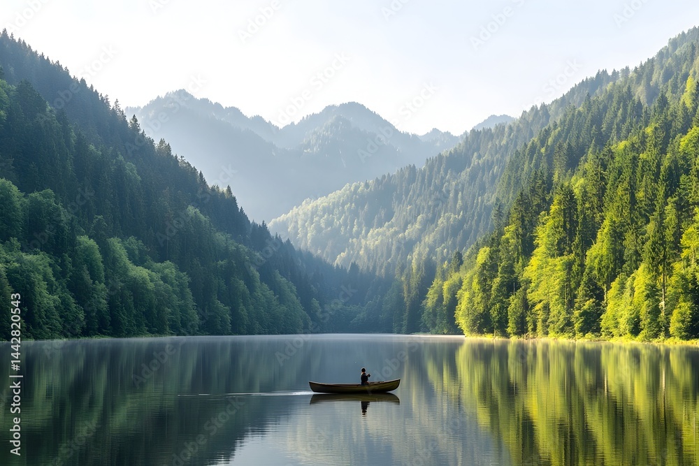 Serene mountain lake reflecting lush green hills, a lone figure in a small boat enjoying the tranquil morning