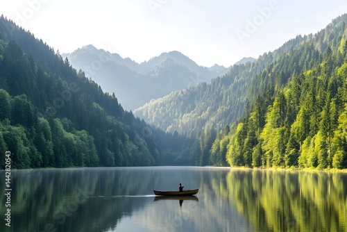 Obraz na płótnie Serene mountain lake reflecting lush green hills, a lone figure in a small boat enjoying the tranquil morning w salonie
