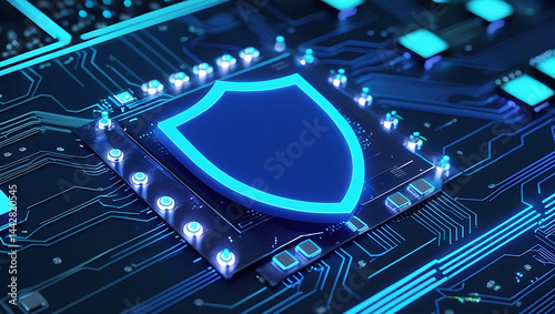  A glowing blue shield integrated into a circuit board background technology background