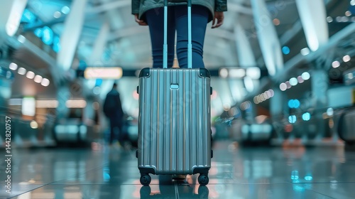 Person with suitcase in modern transportation hub