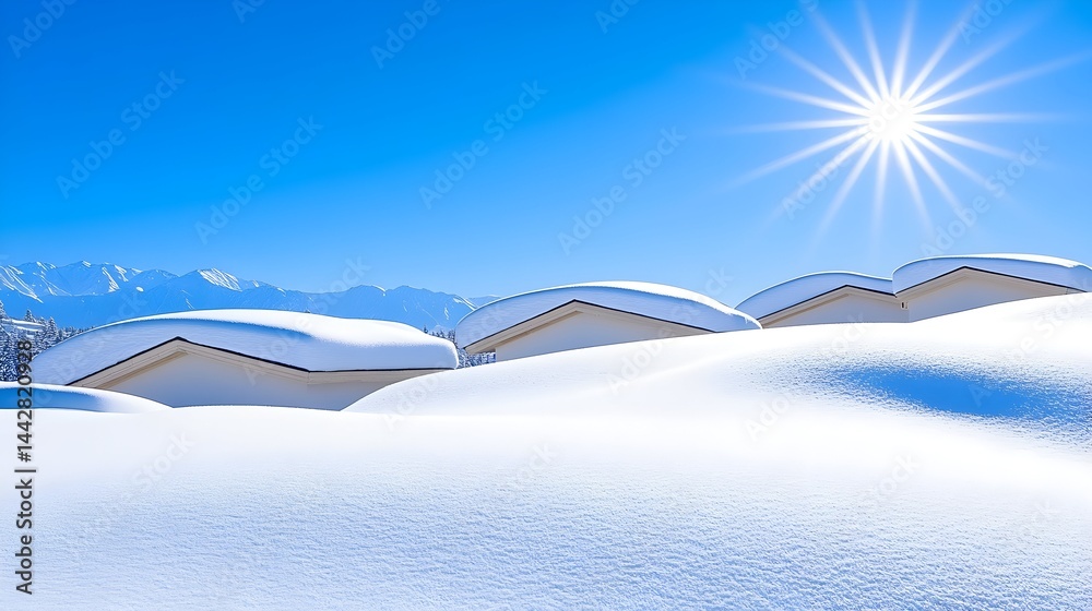 Snow-covered houses bask in bright winter sun against a backdrop of majestic mountains