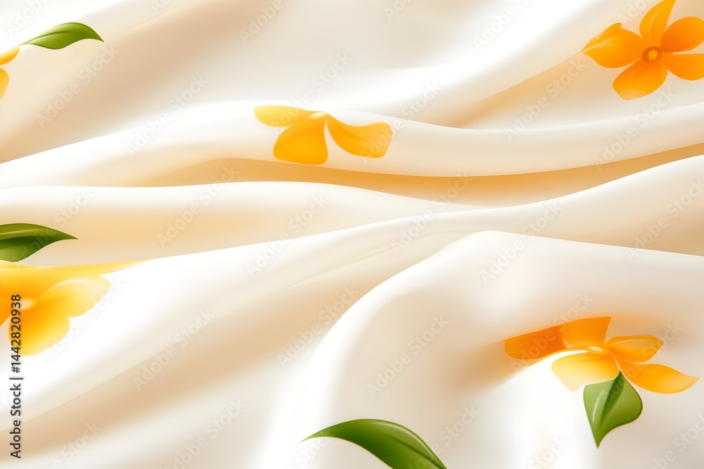 Soft, creamy fabric with a delicate yellow floral print, subtly draped