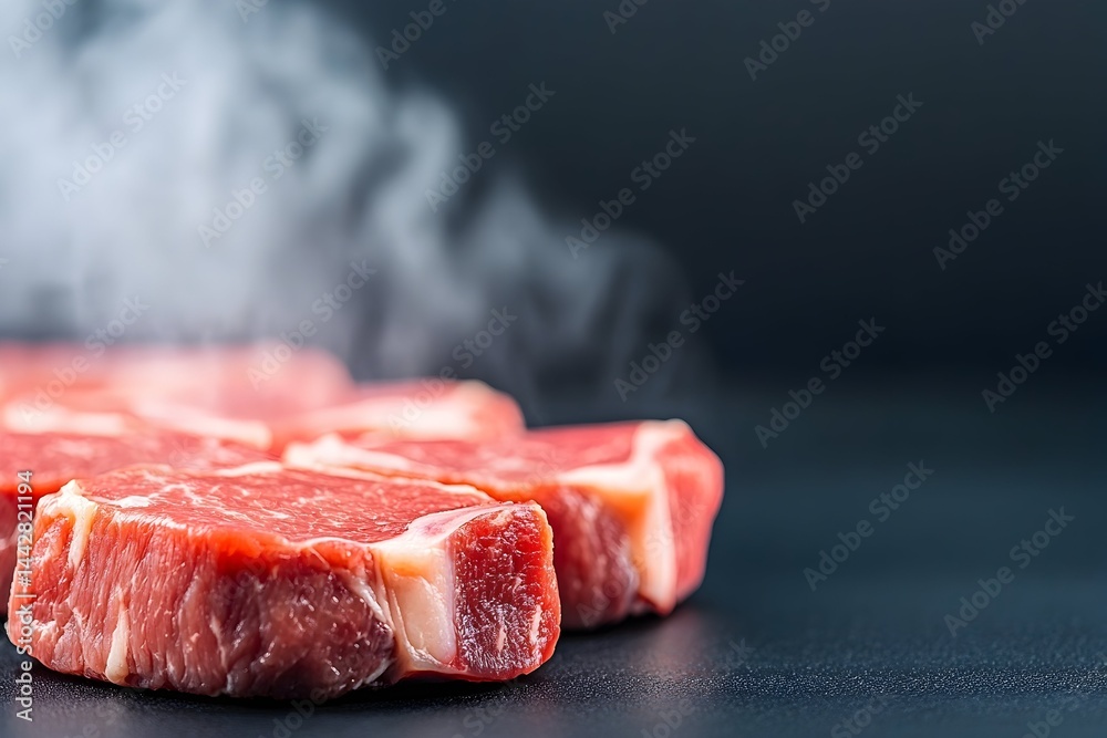 Steaming, raw beef steaks on dark surface
