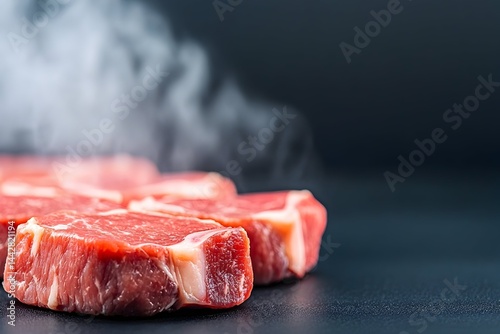 Obraz na płótnie Steaming, raw beef steaks on dark surface w salonie
