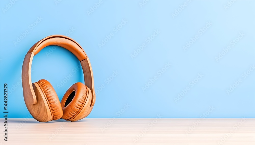 Tan over-ear headphones rest on a light wood surface against a pale blue wall