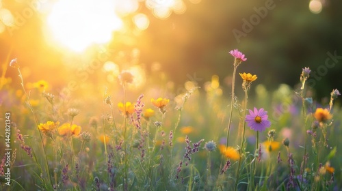 Fototapeta Naklejka Na Ścianę i Meble -  Serene wildflower meadow in golden hour sunlight with soft bokeh, creating a dreamy, peaceful rural sunset scene perfect for nature backgrounds.