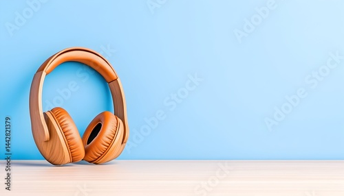 Obraz na płótnie Tan over-ear headphones rest on a light wood surface against a pale blue wall w salonie