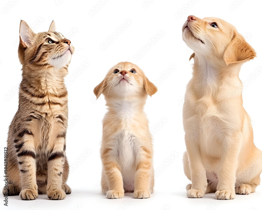Three adorable pets, a tabby kitten, a small cream kitten, and a cream-colored puppy, sit side-by-side looking upward against a white background