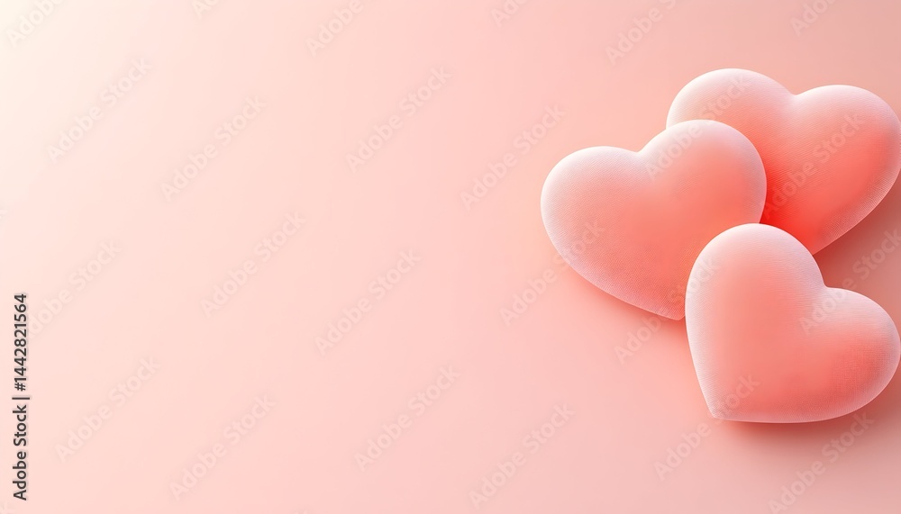 Three peach-colored hearts rest on a soft pink background, leaving ample space