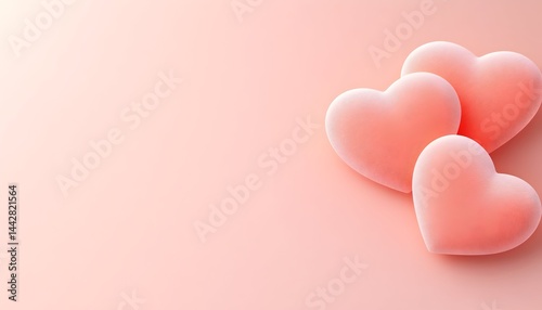 Obraz na płótnie Three peach-colored hearts rest on a soft pink background, leaving ample space w salonie