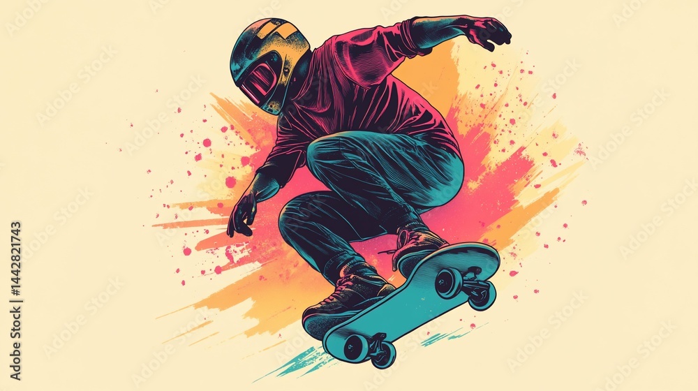 Retro Skater MidAir Trick in Vivid Color Splashes Retro Skater MidAir Trick in Vivid Color Splashes