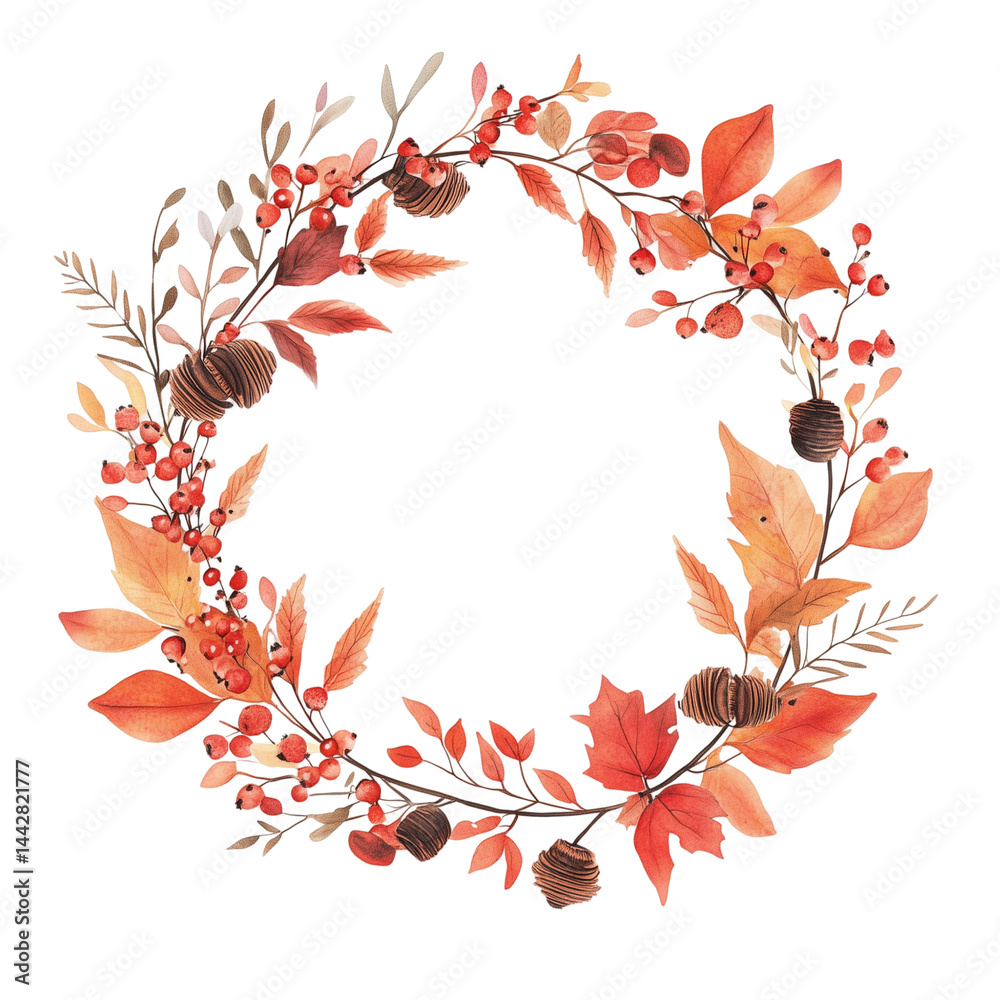 Charming wreath of red-orange autumn leaves, rustic wreath of red, orange and brown autumn leaves, warm autumn leaf and berry wreath, wreath made of autumn leaves, on a transparent backgrounds Charming wreath of red-orange autumn leaves, rustic wreath of red, orange and brown autumn leaves, warm autumn leaf and berry wreath, wreath made of autumn leaves, on a transparent backgrounds