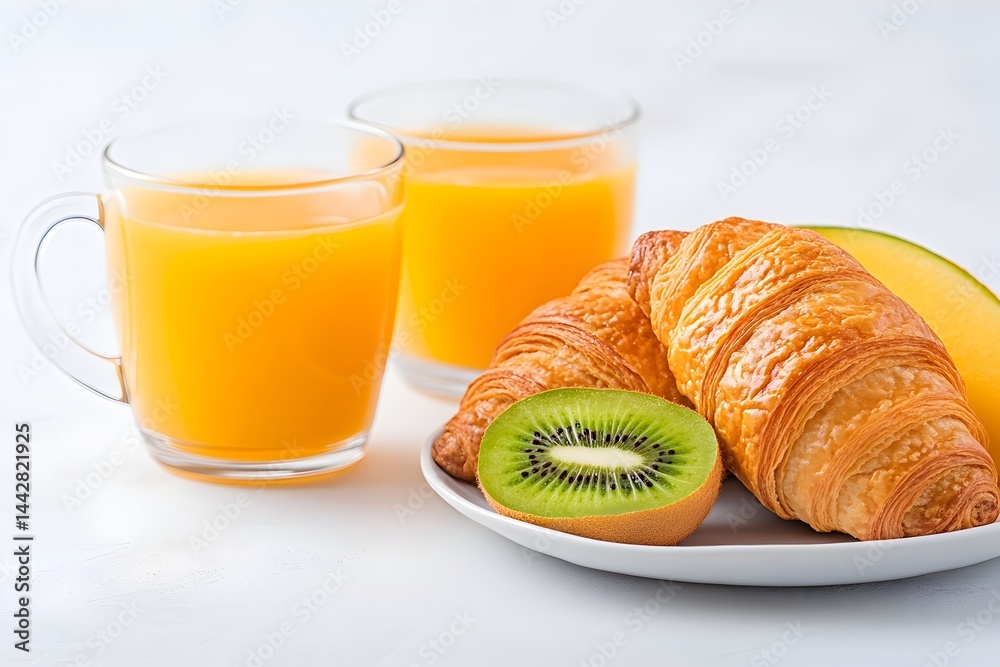 Two glasses of orange juice, two croissants, kiwi, and mango slices on a white surface