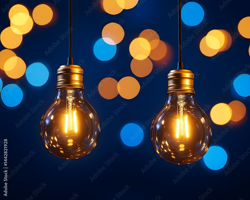 Two illuminated filament bulbs hang against a bokeh backdrop of blue and orange lights