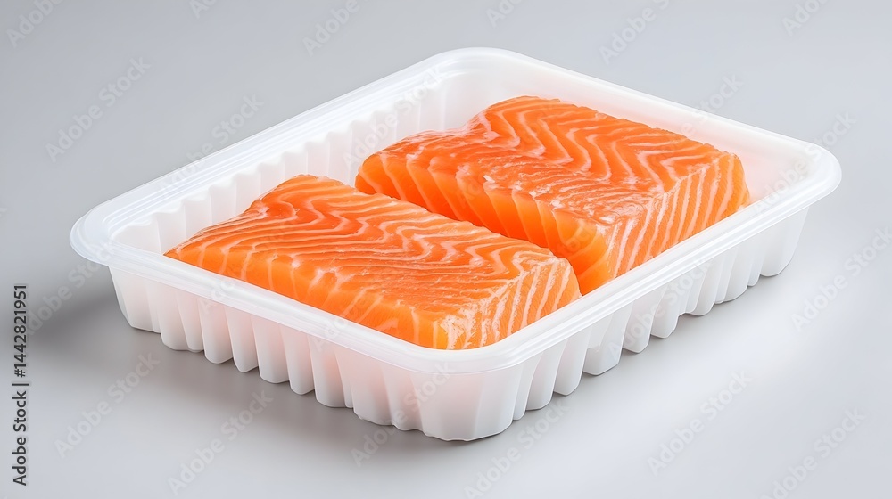 Two salmon fillets, skinless, in a white plastic tray