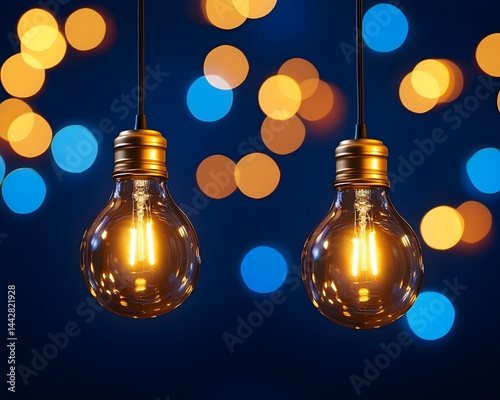 Obraz na płótnie Two illuminated filament bulbs hang against a bokeh backdrop of blue and orange lights w salonie