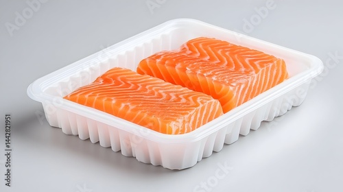 Obraz na płótnie Two salmon fillets, skinless, in a white plastic tray w salonie