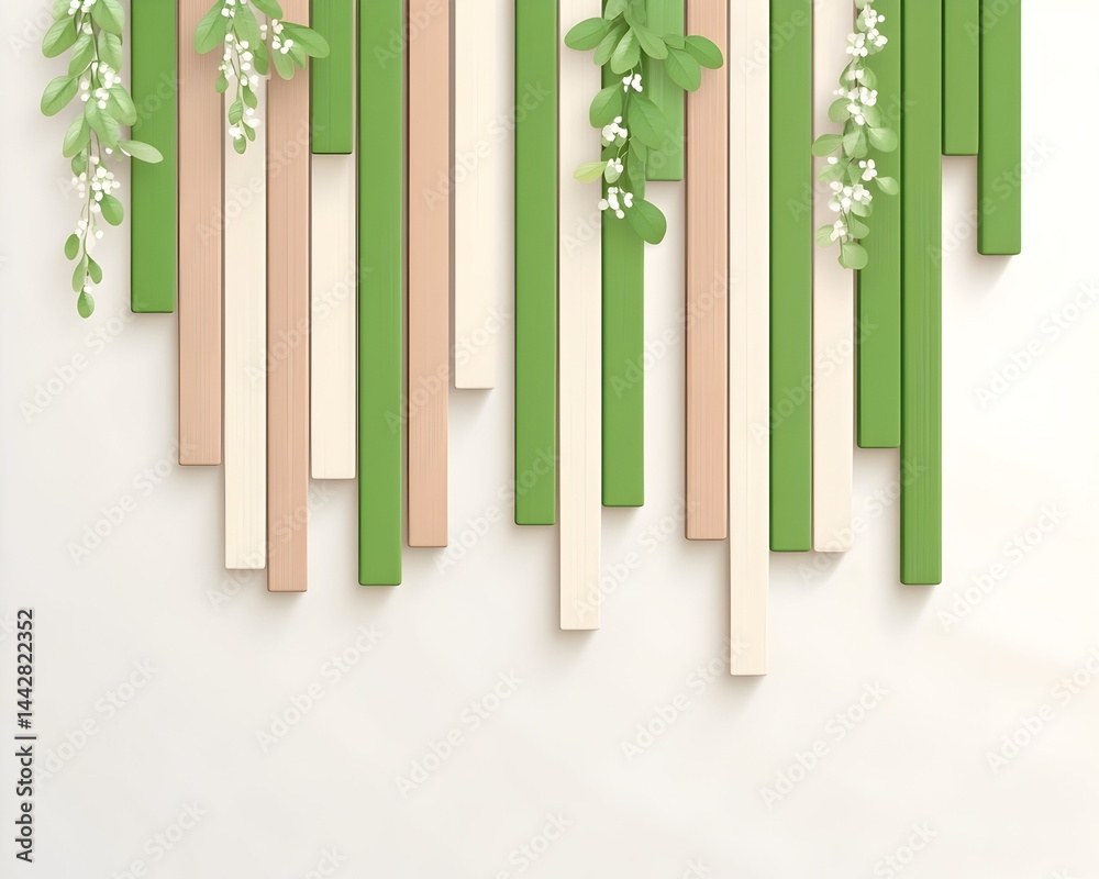 Vertical pastel green and beige stripes with delicate white flowers