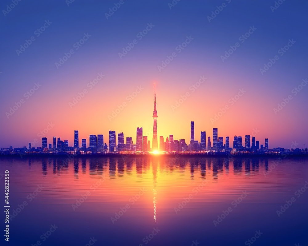 Vibrant sunrise over a cityscape reflected in calm water Tall tower dominates skyline Vibrant sunrise over a cityscape reflected in calm water Tall tower dominates skyline