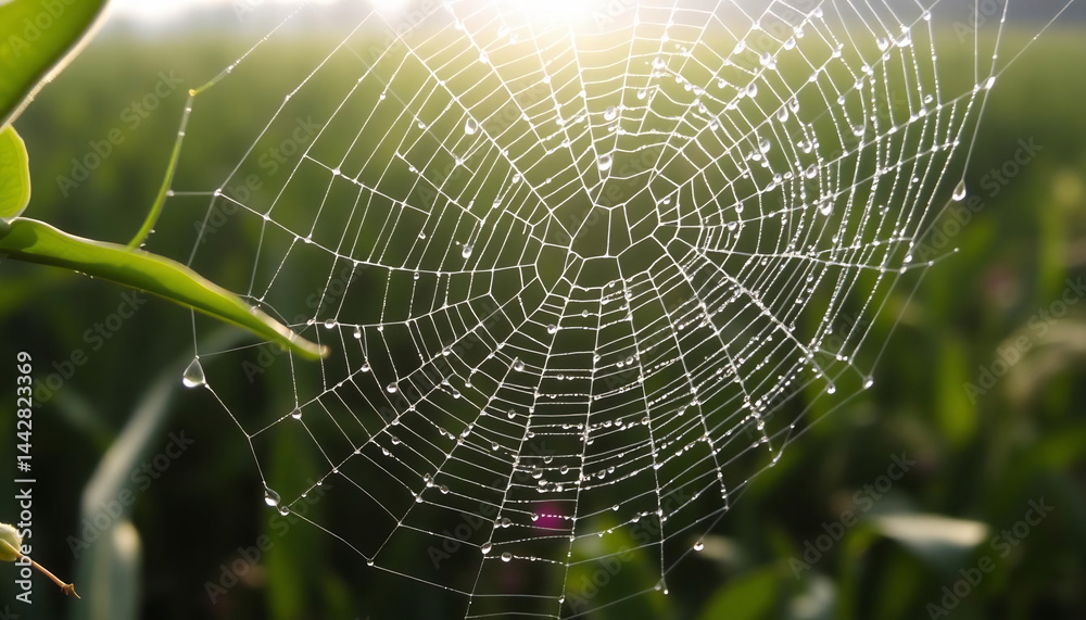 Naklejka premium Close-Up of Dew-Covered Spider Web
