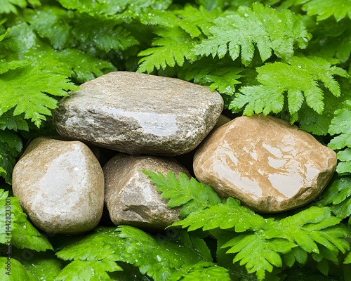Wet stones nestled amongst vibrant green ferns, glistening with raindrops