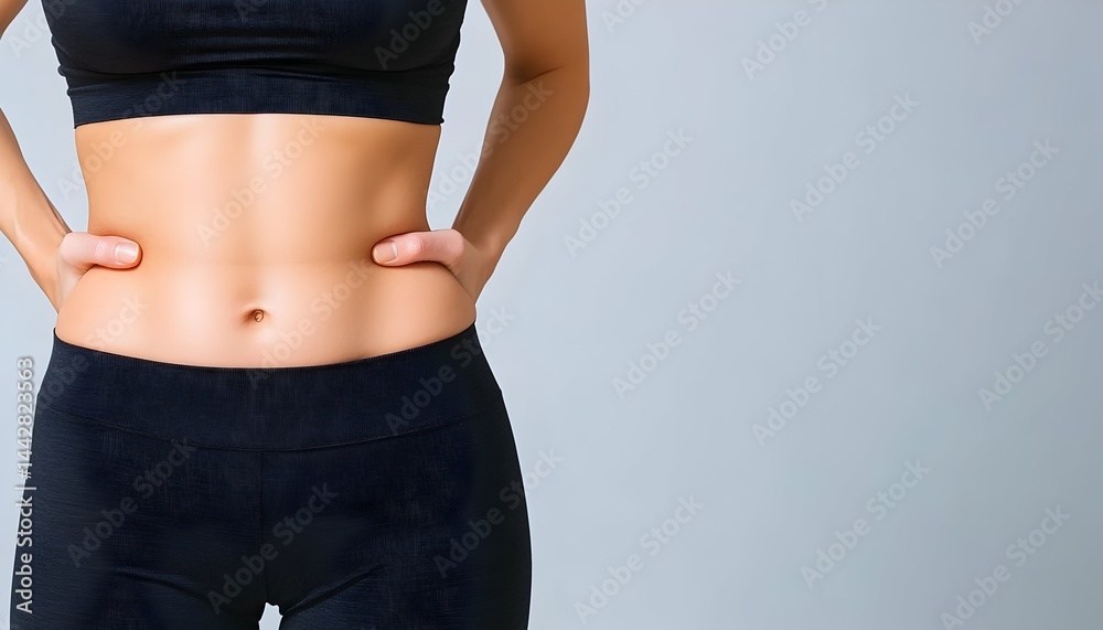Woman's toned midriff and waist in black athletic wear against a light gray background