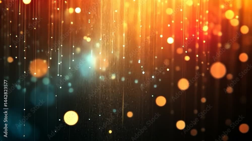 Glowing abstract background with falling particles, bokeh effects, and warm colors