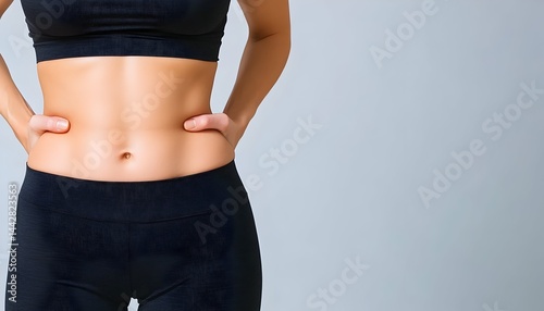 Woman's toned midriff and waist in black athletic wear against a light gray background