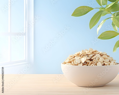 Obraz na płótnie A bowl of rolled oats sits on a light wood surface near a window, bathed in soft sunlight, with a leafy plant in the background w salonie