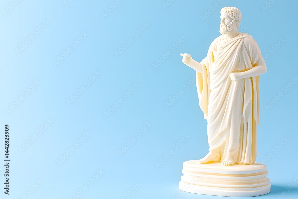A classical white statue of a bearded man in a toga, gesturing, stands on a tiered base against a light blue background