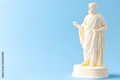 Obraz na płótnie A classical white statue of a bearded man in a toga, gesturing, stands on a tiered base against a light blue background w salonie