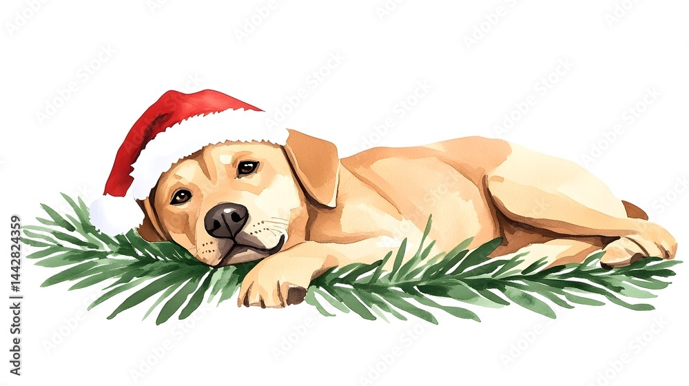 A cute, light-tan puppy wearing a Santa hat rests on a bed of pine, creating a festive Christmas scene
