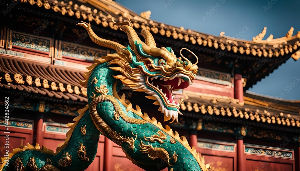 Fototapeta premium Dragon Statue in front of a Chinese Temple