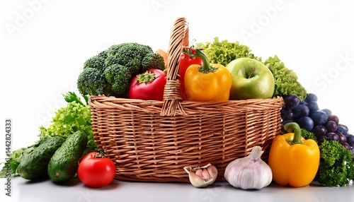 healthy fresh vegetables and fruits in willow basket isolated on white