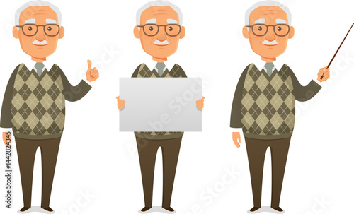 cute cartoon character of a friendly old man in green sweater, gesturing or holding a blank paper or a pointing stick. Funny illustration of a grandfather with mustache and glasses.