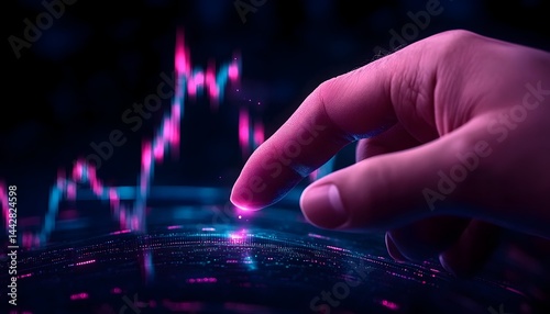 Obraz na płótnie A fingertip interacts with a glowing, dynamic graph on a digital interface, illustrating data analysis and market trends w salonie