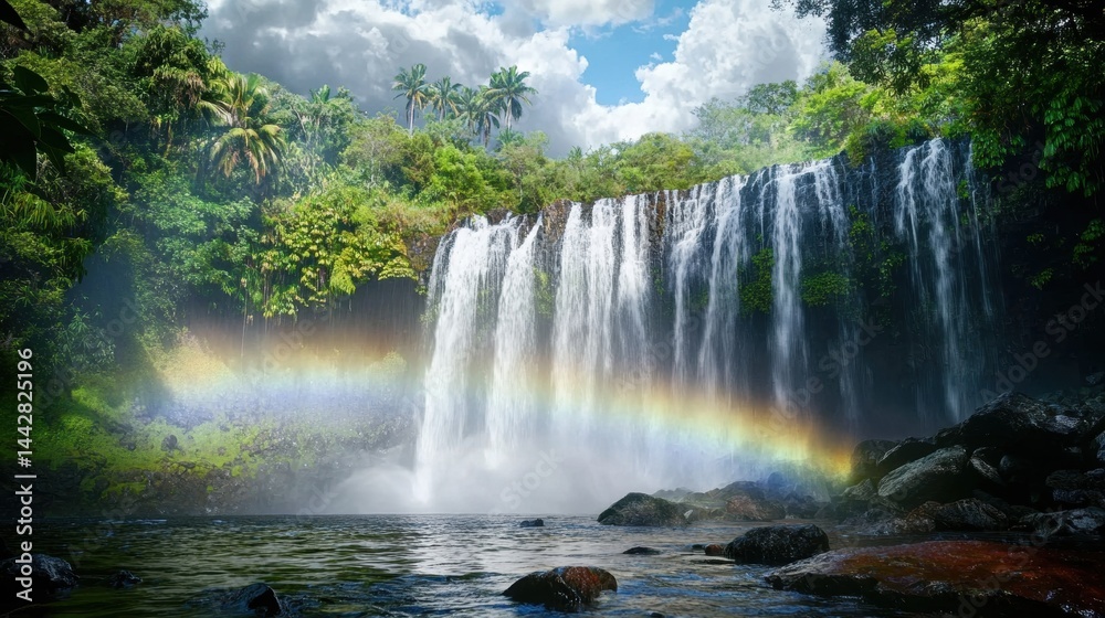 Fototapeta premium Majestic Waterfall with Rainbow and Lush Green Jungle Background