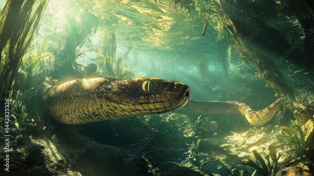 Fototapeta premium Submerged Serpent: Anaconda in Amazonian Waters