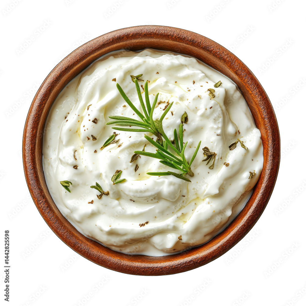 Overhead view of creamy dip with rosemary in a brown ceramic bowl dish Overhead view of creamy dip with rosemary in a brown ceramic bowl dish