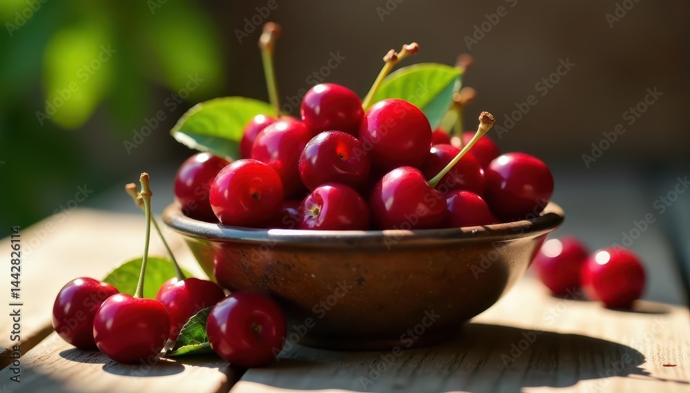 Crimson cherries overflow a rustic bowl, sunlight dappling the surface , rustic, nature Crimson cherries overflow a rustic bowl, sunlight dappling the surface , rustic, nature