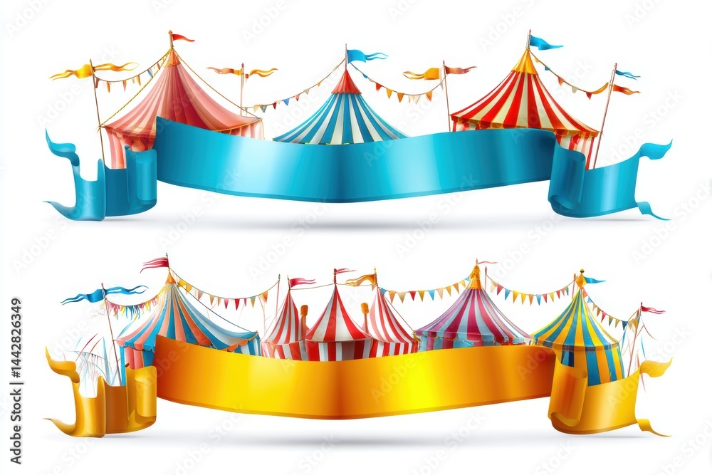 Colorful circus banners and waving flags display vibrant designs against a clean white background Colorful circus banners and waving flags display vibrant designs against a clean white background