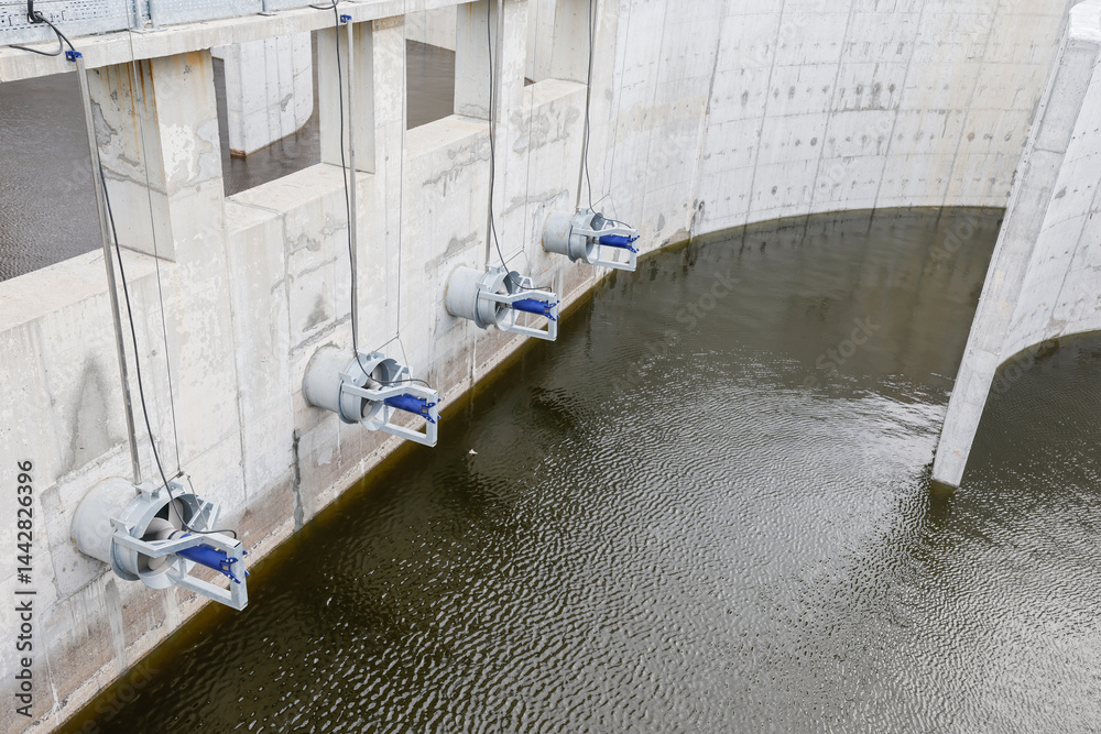 Biological treatment process in aeration basin closeup. Specialized equipment serves for breakdown of organic pollutants by infusion of oxygen