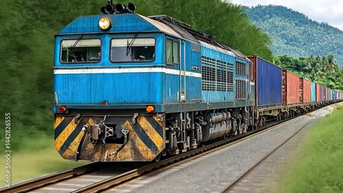 Freight Train Transporting Colorful Cargo Through Lush Green Landscape by Majestic Mountains