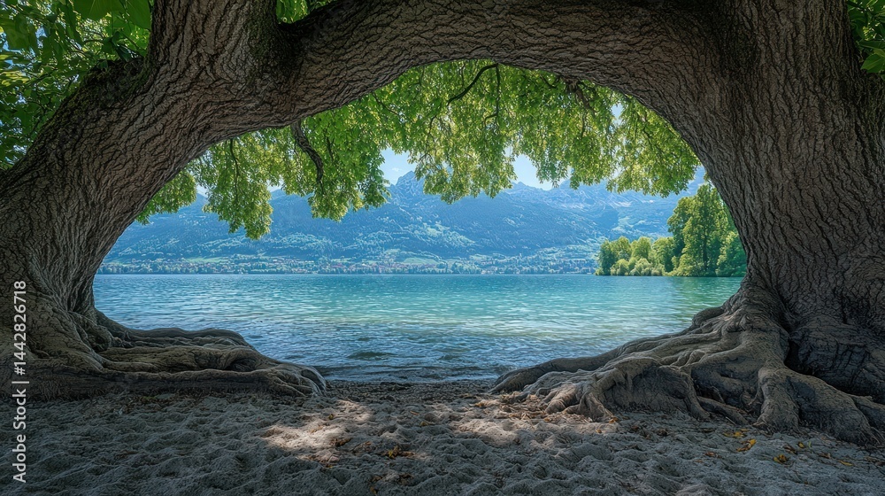 Fototapeta premium Majestic tree framing tranquil lake and mountain view.