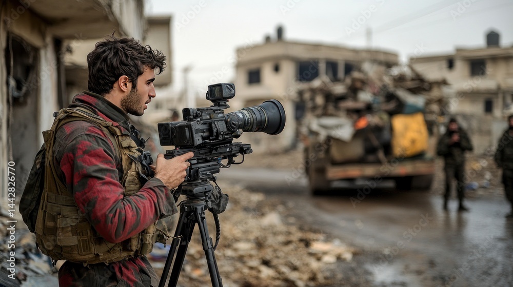 Journalist operating camera in war-torn city Journalist operating camera in war-torn city