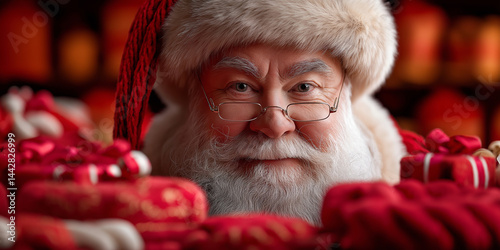 Obraz na płótnie Klassischer Weihnachtsmann mit weißem Bart umgeben von roten Weihnachtsgeschenken w salonie